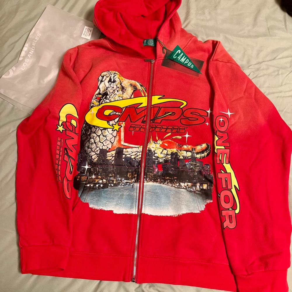 Campus Goods | one for the road - Red Graphic Zip-Up Hoodie | Size XXL
